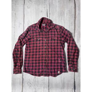 Worn Worked In Carhartt Women's Red Black Plaid Long Sleeve Flannel Shirt Size S
